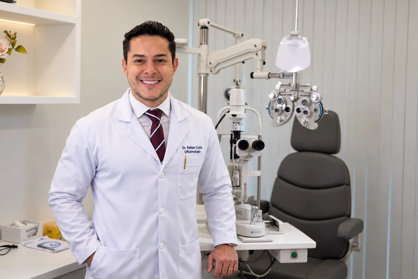 Dr. Felipe Costa de jaleco ao lado dos equipamentos do consultório